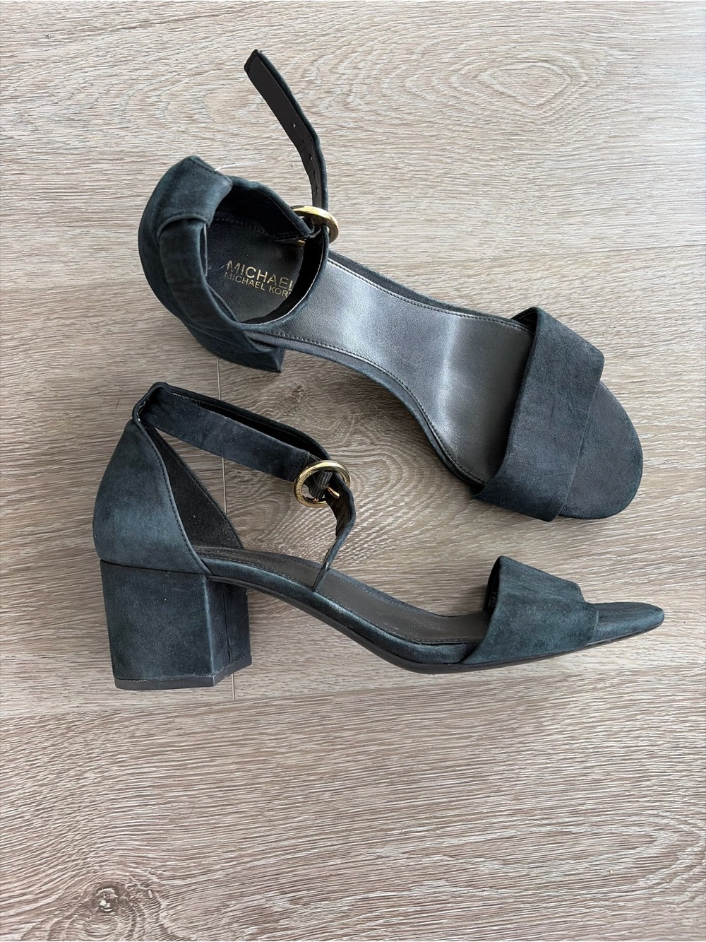 Michael Kors Black Suede Block Heel Sandals with Gold Buckle